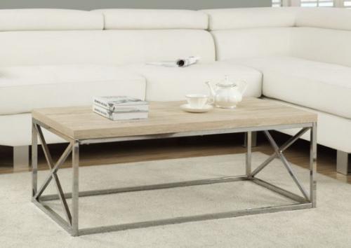 Monarch I 3208 COFFEE TABLE - NATURAL WITH CHROME METAL; With its natural reclaimed wood-look top, this cocktail table gives an exceptional look to any room; Its original rectangular shape and chromed metal base provide sturdy support as well as a contemporary look; Use this multi-functional table to compliment your living room;; PRODUCT DIMENSIONS: 44